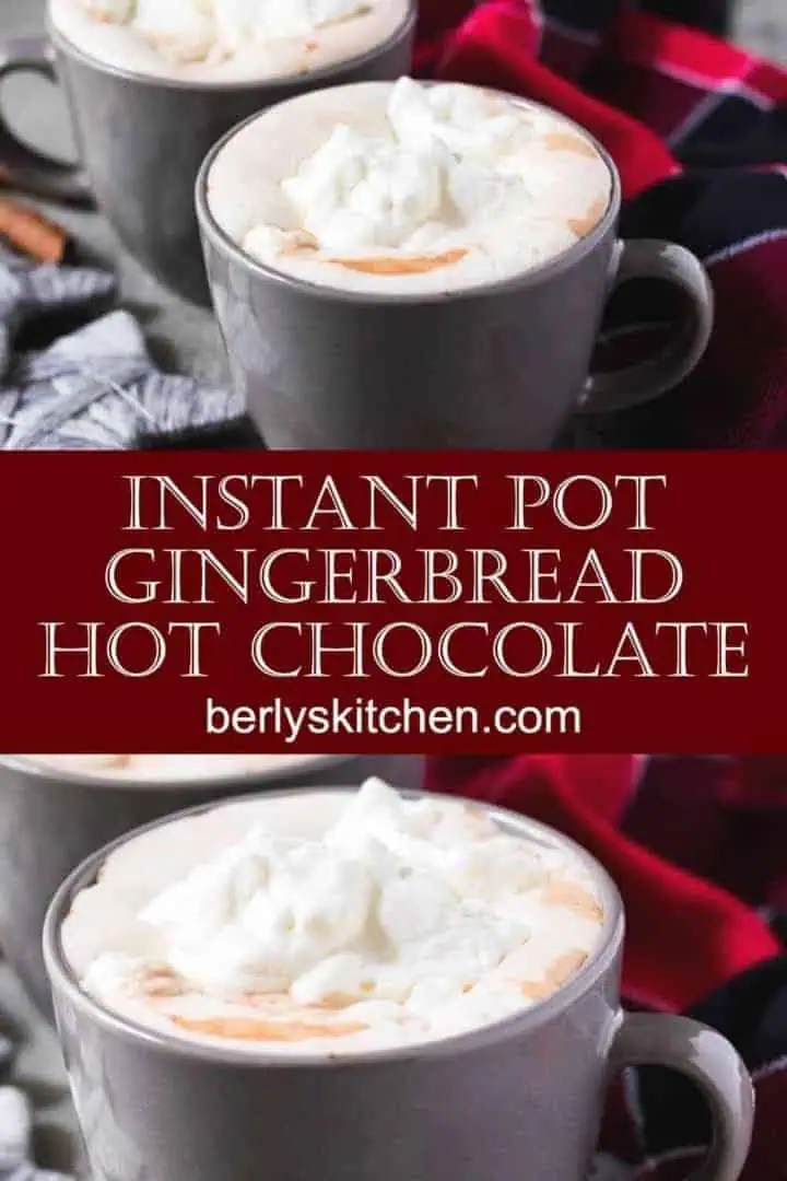 Three mugs of the instant pot gingerbread hot chocolate with whipped cream.