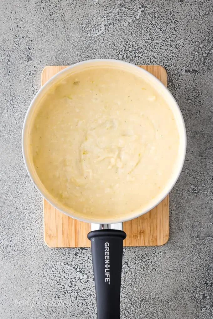 Ariel view of a pan of cream of celery soup.