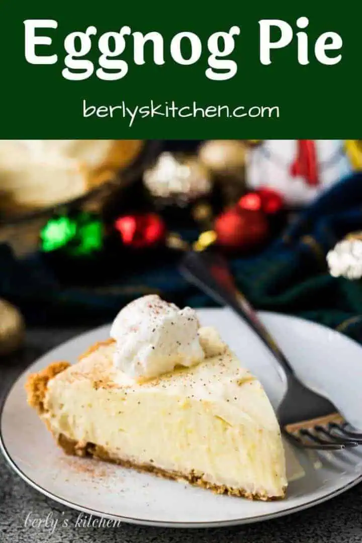 A slice of no-bake eggnog pie topped with whipped cream.