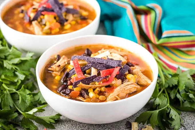 Two big bowls of the instant pot chicken tortilla soup.