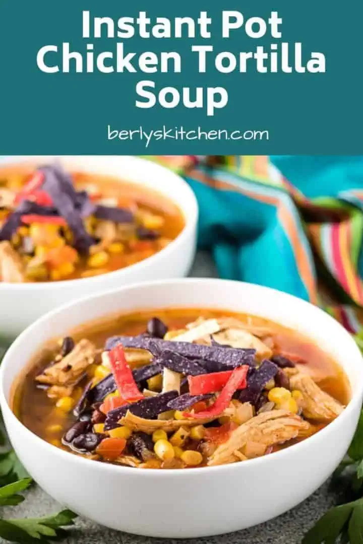 Instant pot chicken tortilla soup topped with colorful fried tortilla strips.