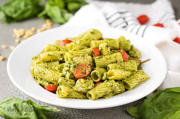 The chicken pesto pasta with grape tomatoes and red onions.