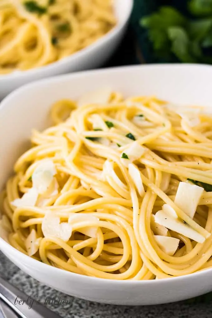 A close-up of the finished pasta in a large bowl.