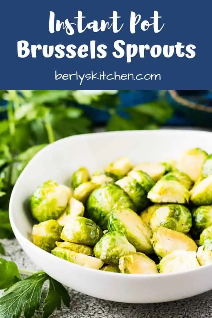 The instant pot brussel sprouts served in a decorative bowl.