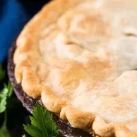 A close-up of the golden brown crust on the pie.