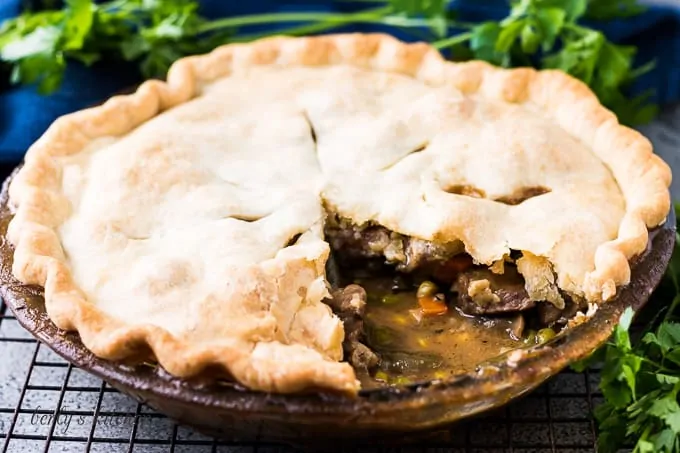 The beef pot pie cut open to show the filling.