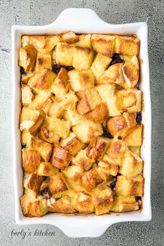 The french toast casserole has baked and is ready for sauce.