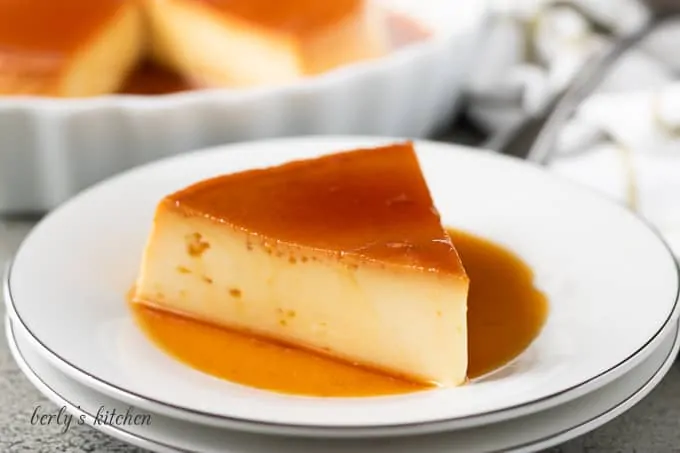 A close-up of the instant pot flan with caramel sauce.