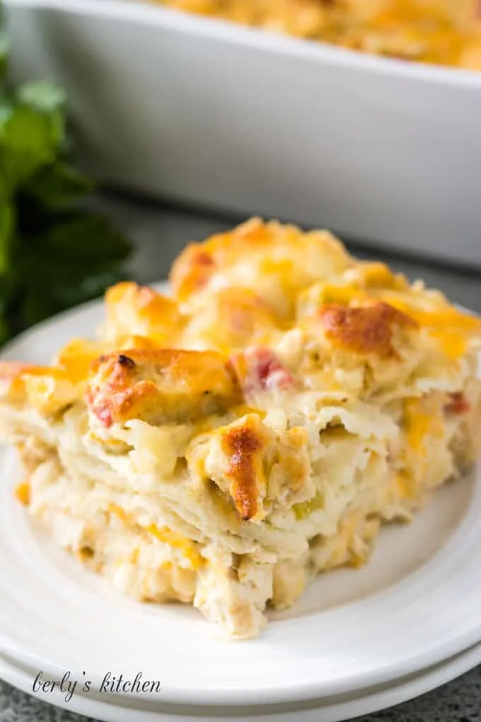 Top-down view of a large square of king ranch chicken.