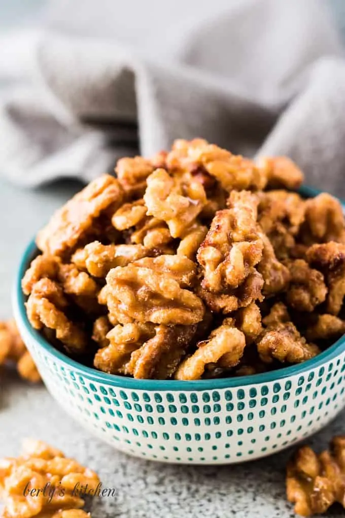 A close up of the finished snack in a bowl.