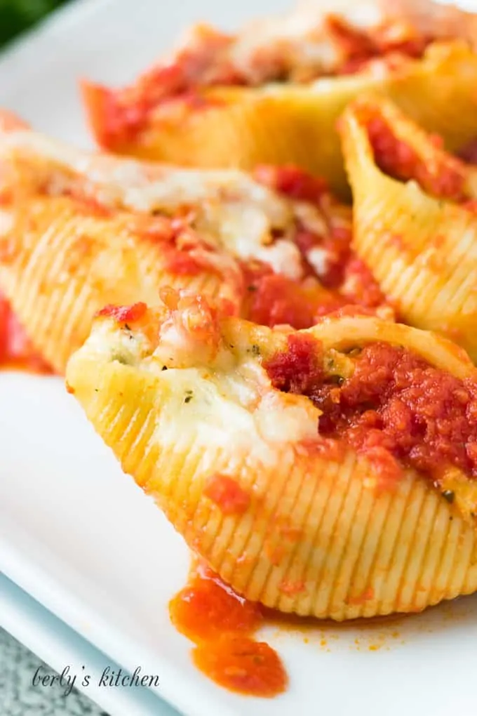 A close-up of the pasta showing the ricotta spinach filling.