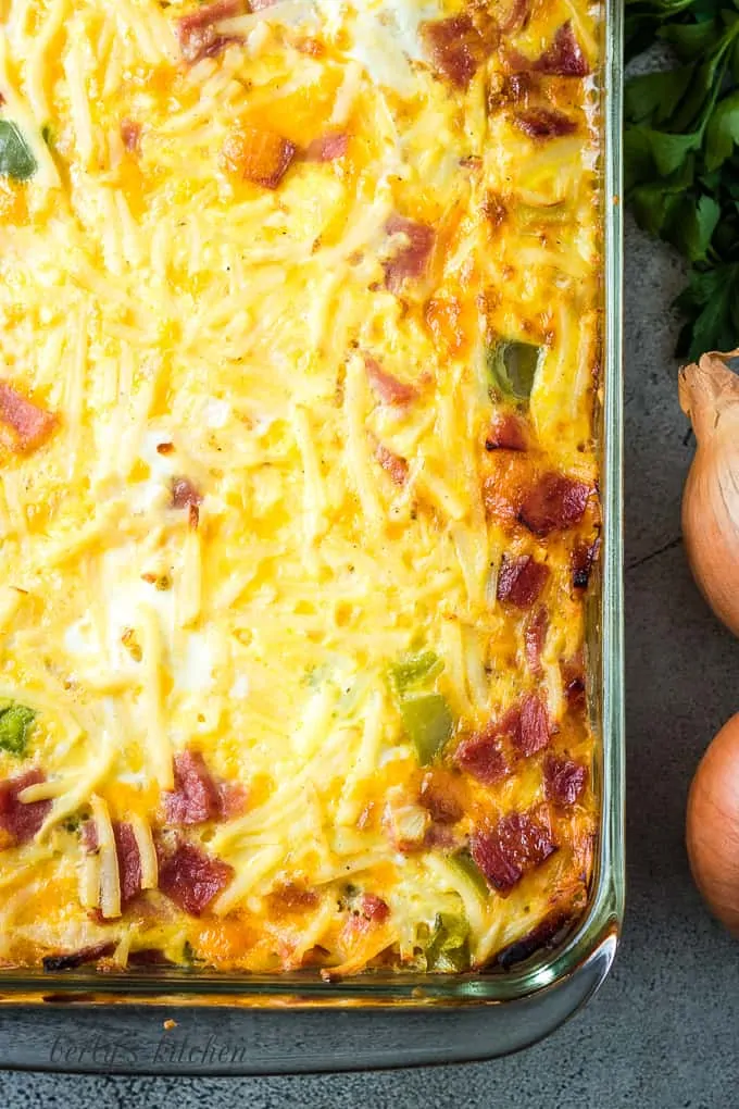 An aerial view of the baked casserole with ham.