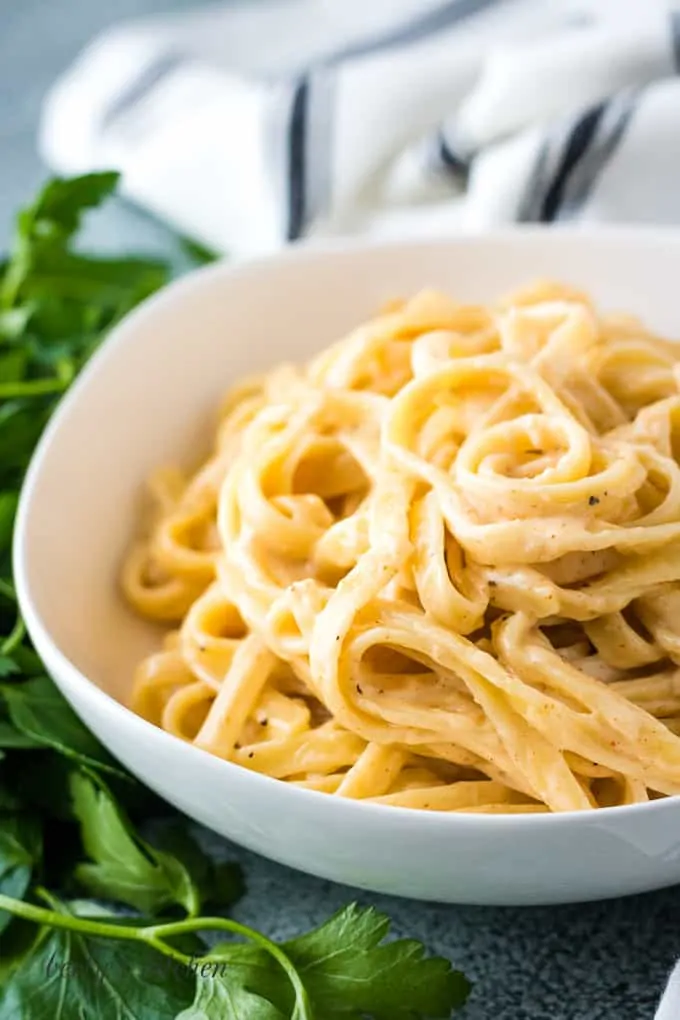 The finished spicy alfredo tossed with fettuccine.