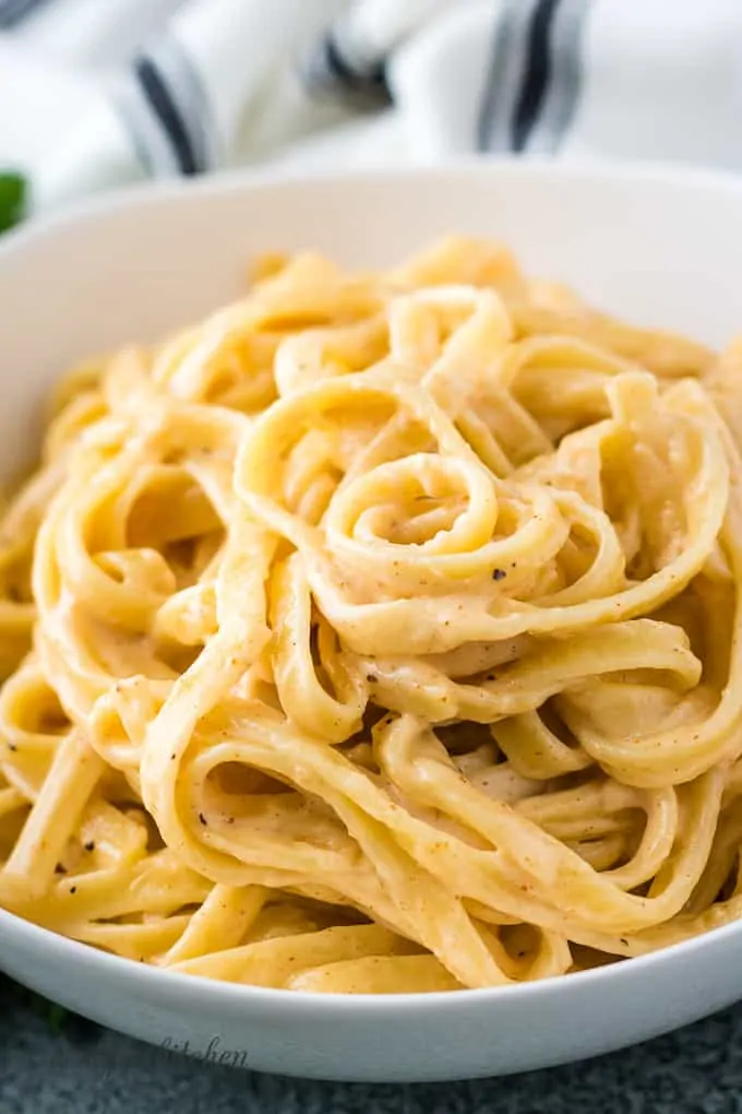 A close-up of the pasta to show the spicy sauce.