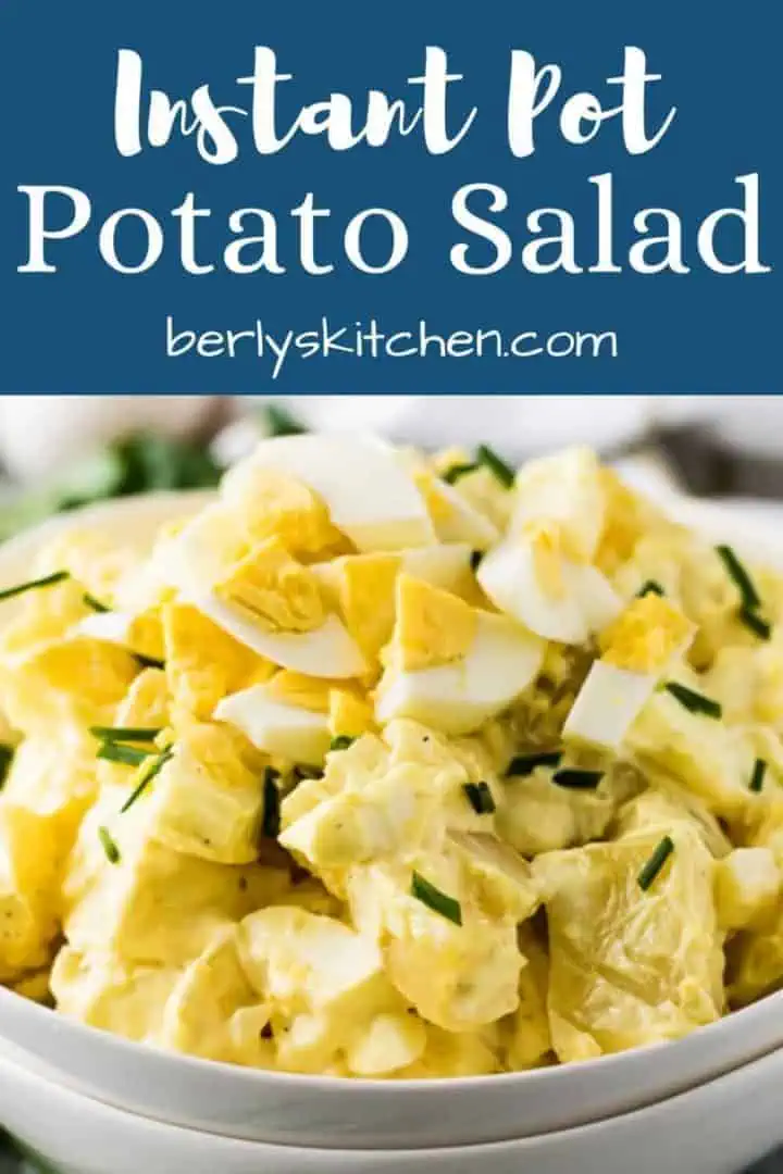 Instant pot potato salad photo with blue text overlay used for pinterest.