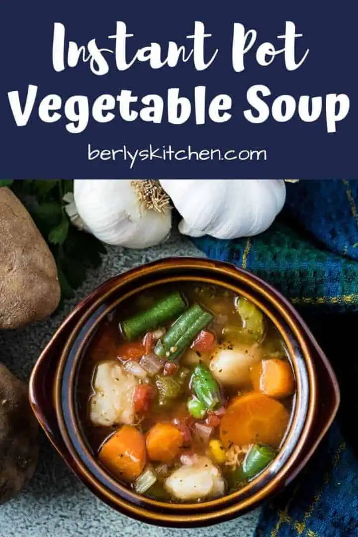 Aerial view of the instant pot vegetable soup in a ceramic bowl.