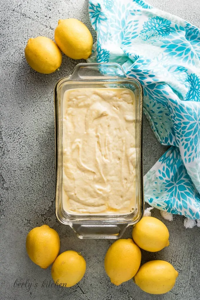 The lemon bread batter transferred to a loaf pan.