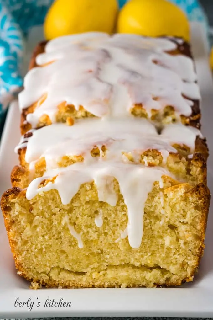 The finished lemon quick bread with the glaze applied.