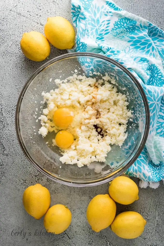 Cracked eggs added to the butter sugar mixture.