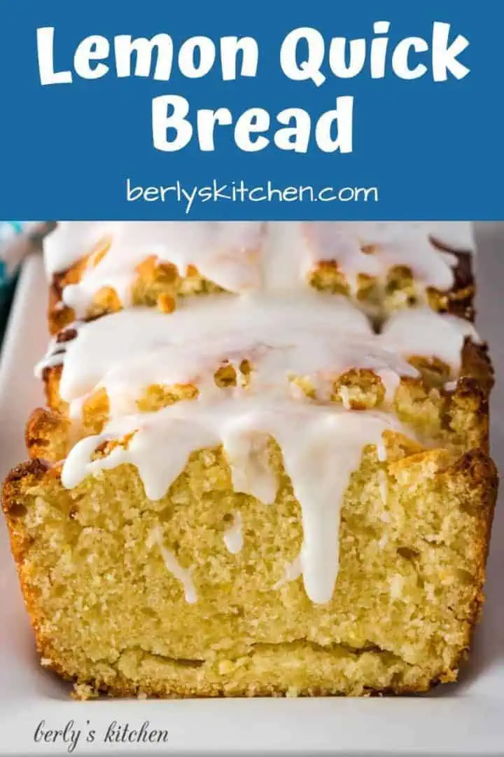 Close-up view of the lemon quick bread served with glaze.