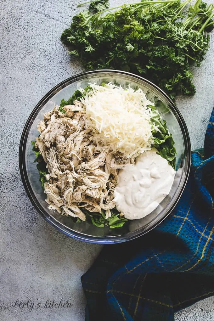 Romaine lettuce, chicken, parmesan cheese, and caesar dressing in a bowl.