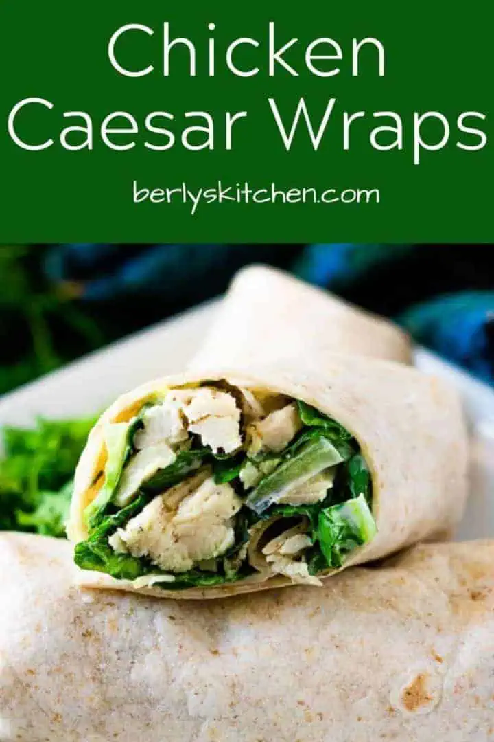 A chicken caesar salad wrapped in a whole wheat tortilla.