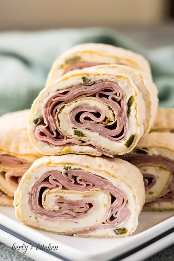 A side-view of the finished pinwheels showing the filling.