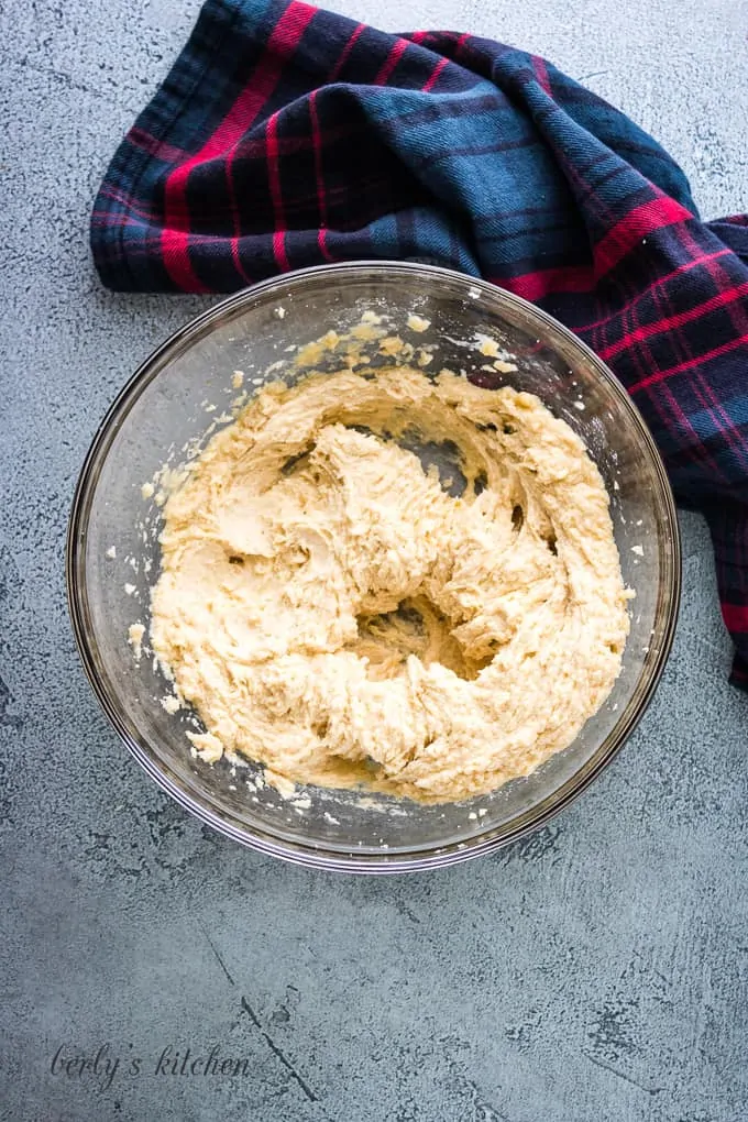 Eggs and vanilla have been added to the butter sugar mixture.