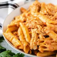 Another close-up view of the slow cooker pasta in a bowl.