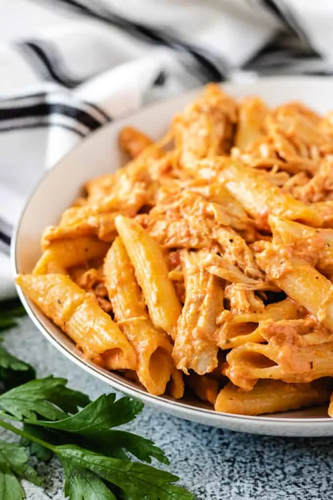 Another close-up view of the slow cooker pasta in a bowl.