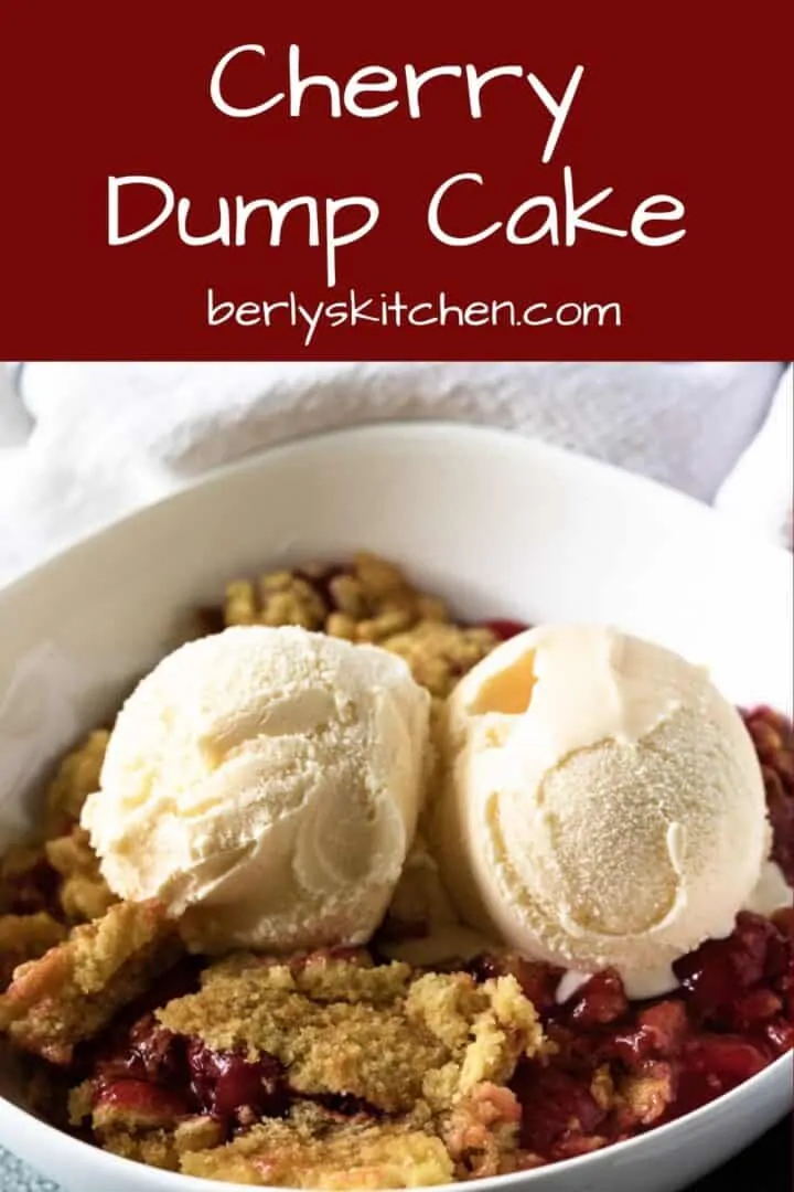 The cherry dump cake topped with ice cream.