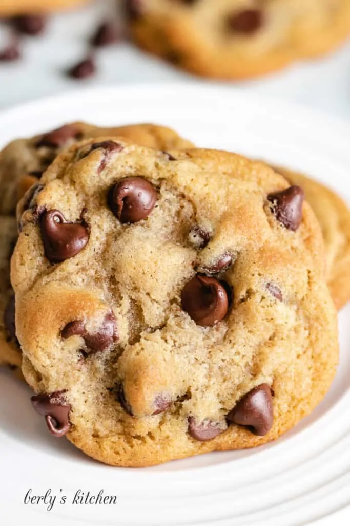 A close-up of the finished soft chocolate chip cookie recipe.