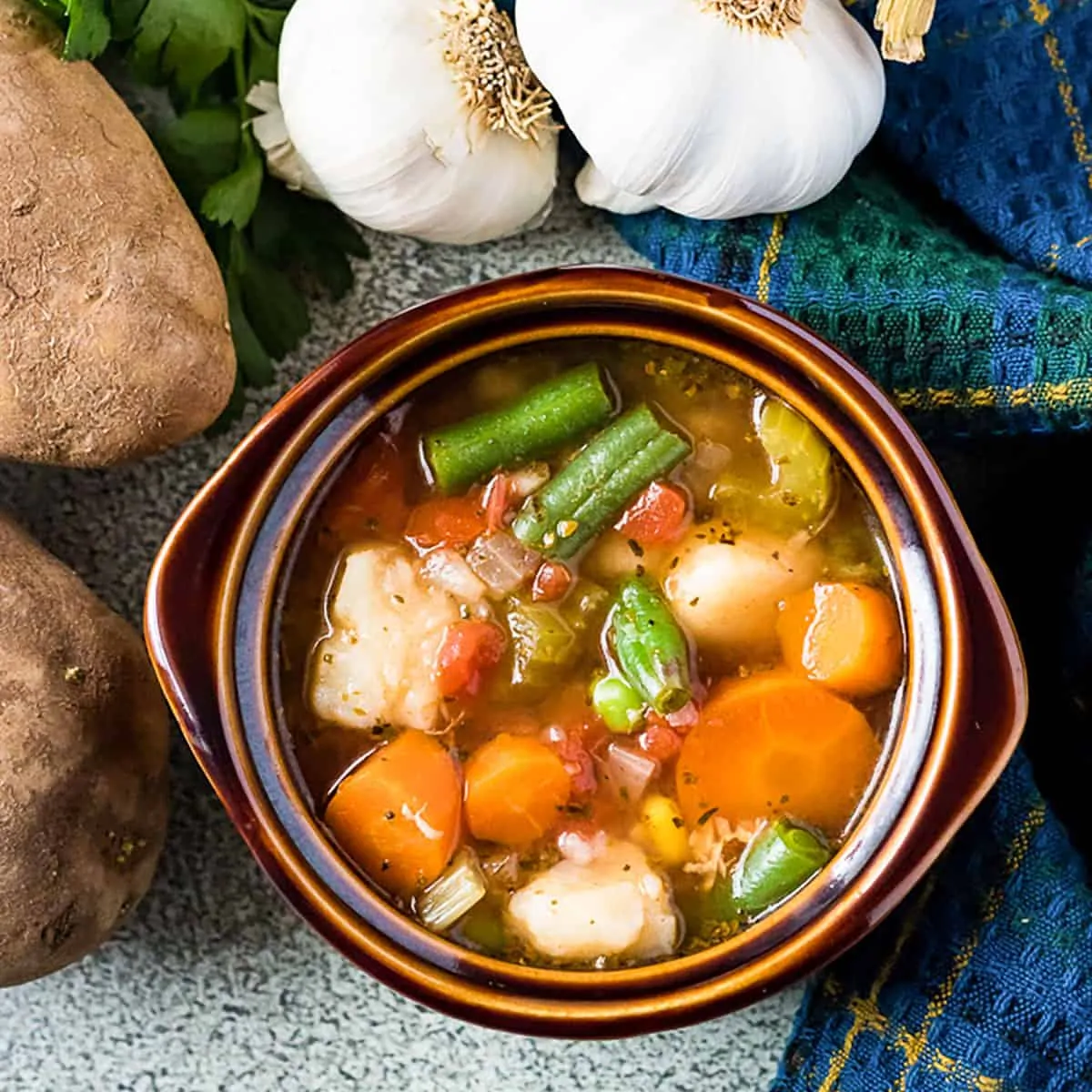 Top down view of a bowl of instant pot vegetable soup.