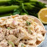 A closer view of the crab pasta salad in a bowl.