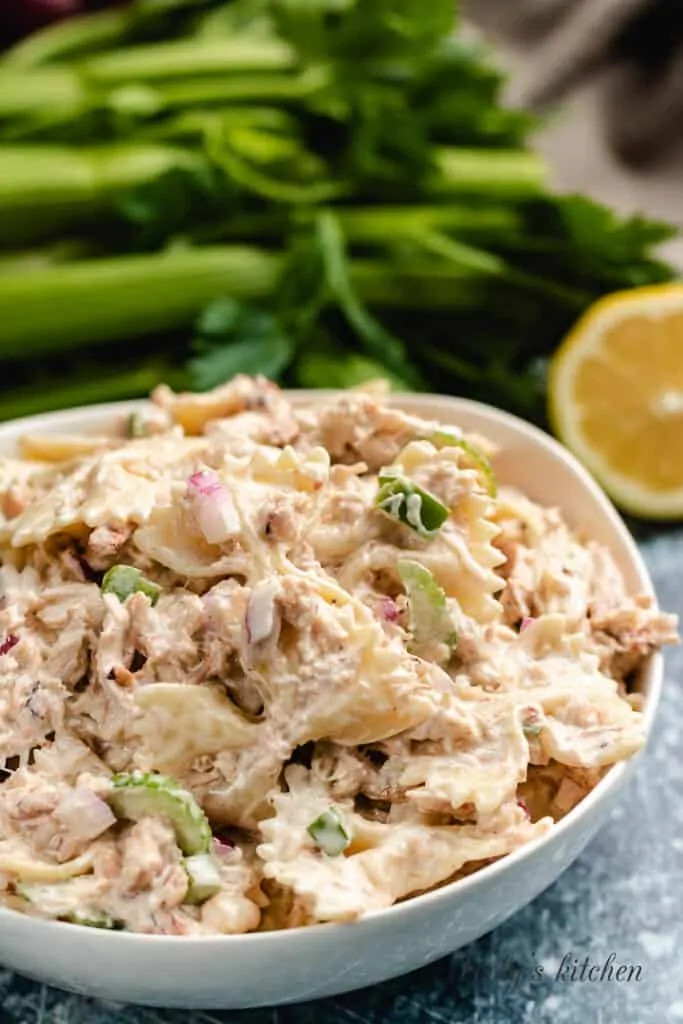 A closer view of the crab pasta salad in a bowl.