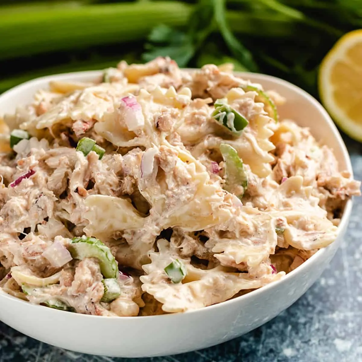 A big bowl of the bow tie crab pasta salad.