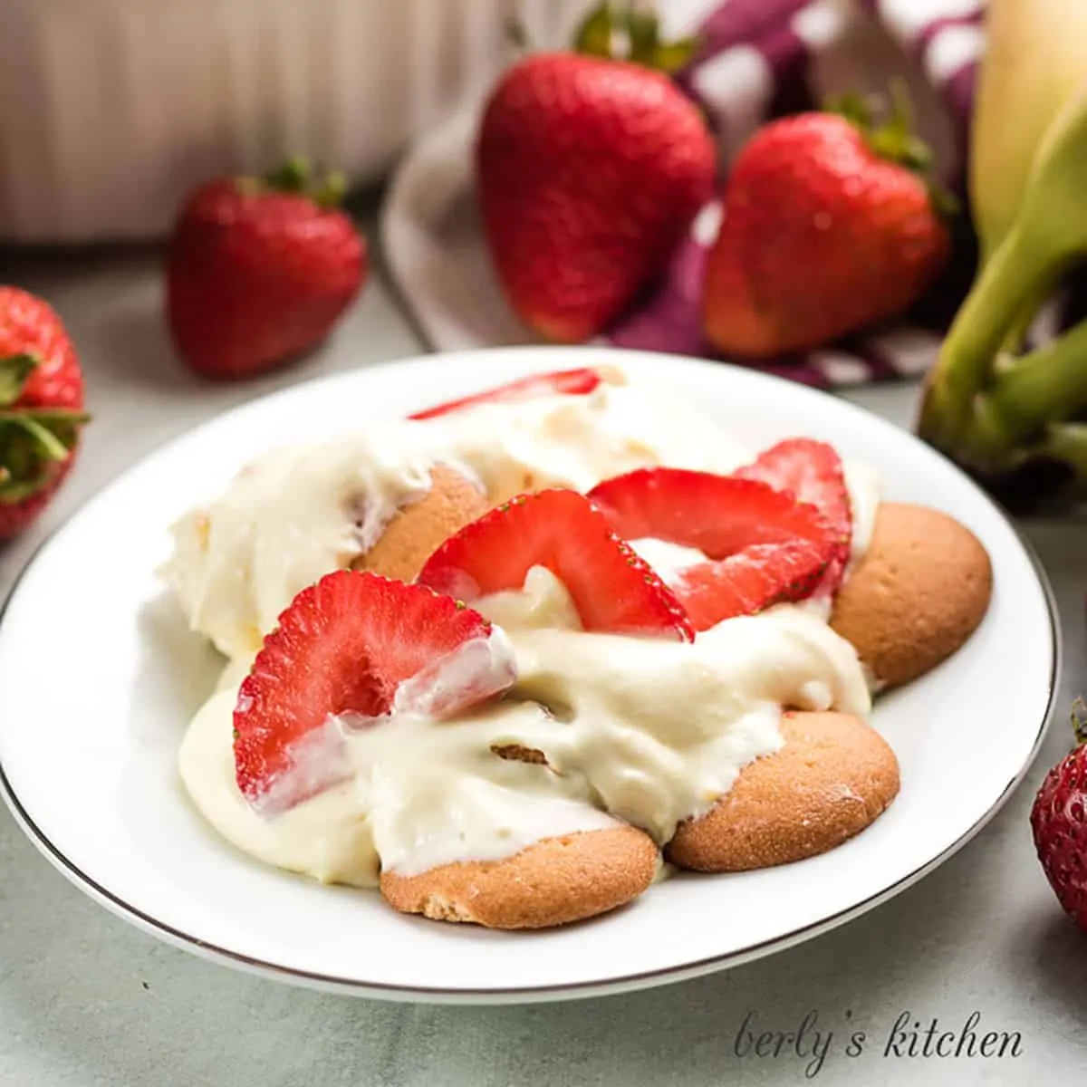 The strawberry banana pudding on a small plate.