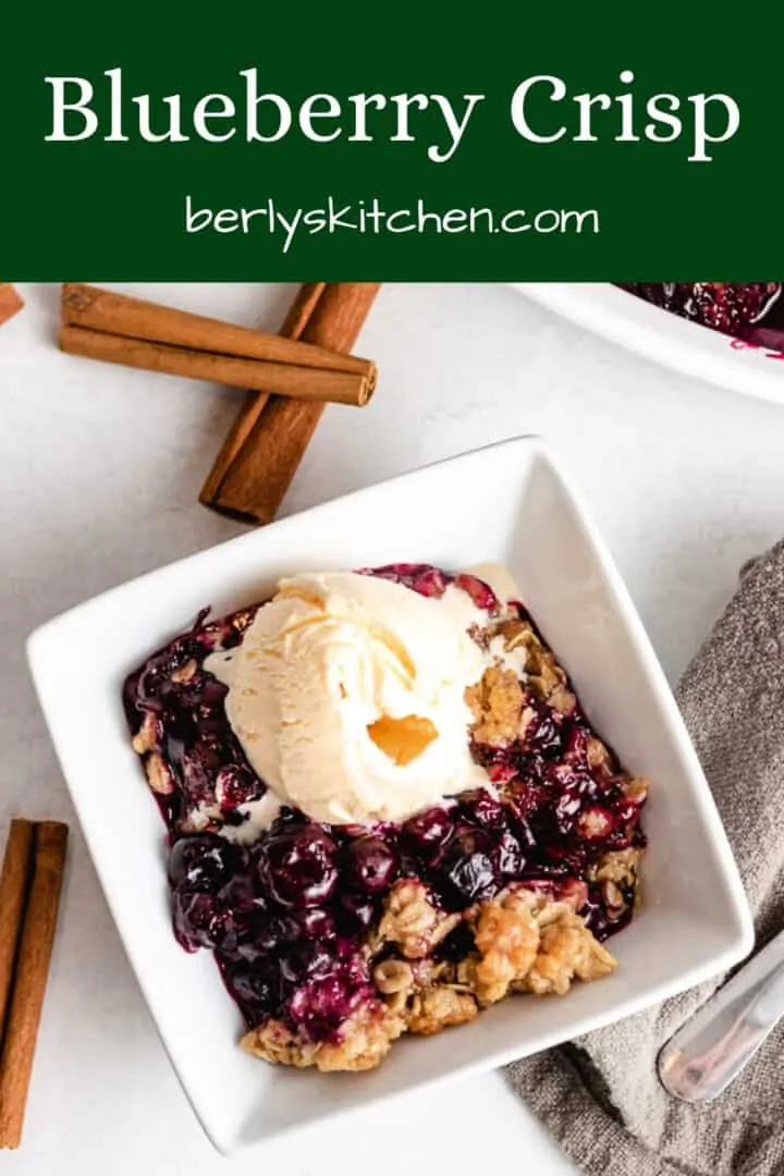 An aerial view of the blueberry crisp topped with ice cream.