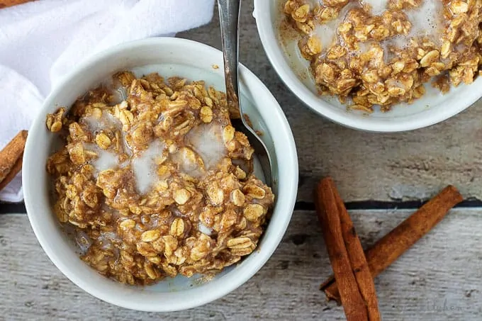 Top down view of a bowl of cinnamon oatmeal.