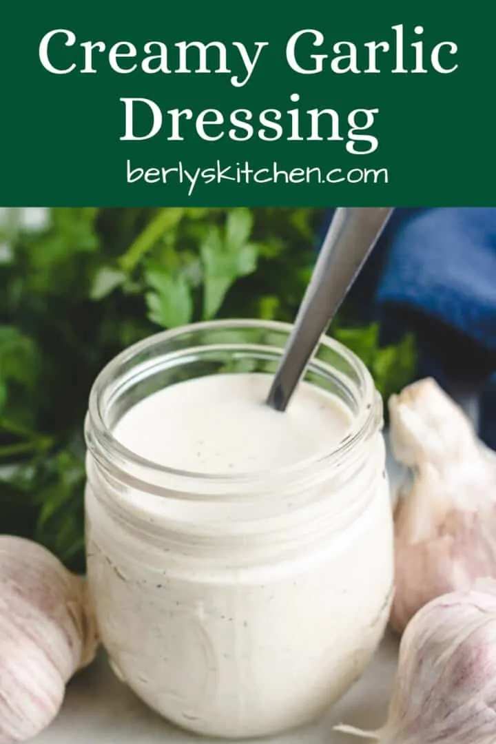 A spoon sitting in a jar of creamy garlic dressing.