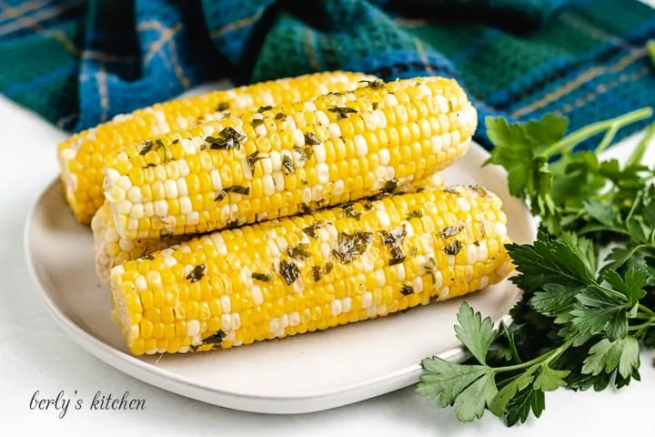 Four pieces of grilled corn on the cob on a plate.