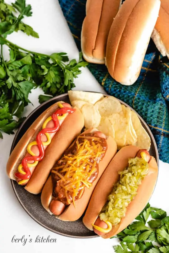 A top-down view of the pressure cooked hot dogs.