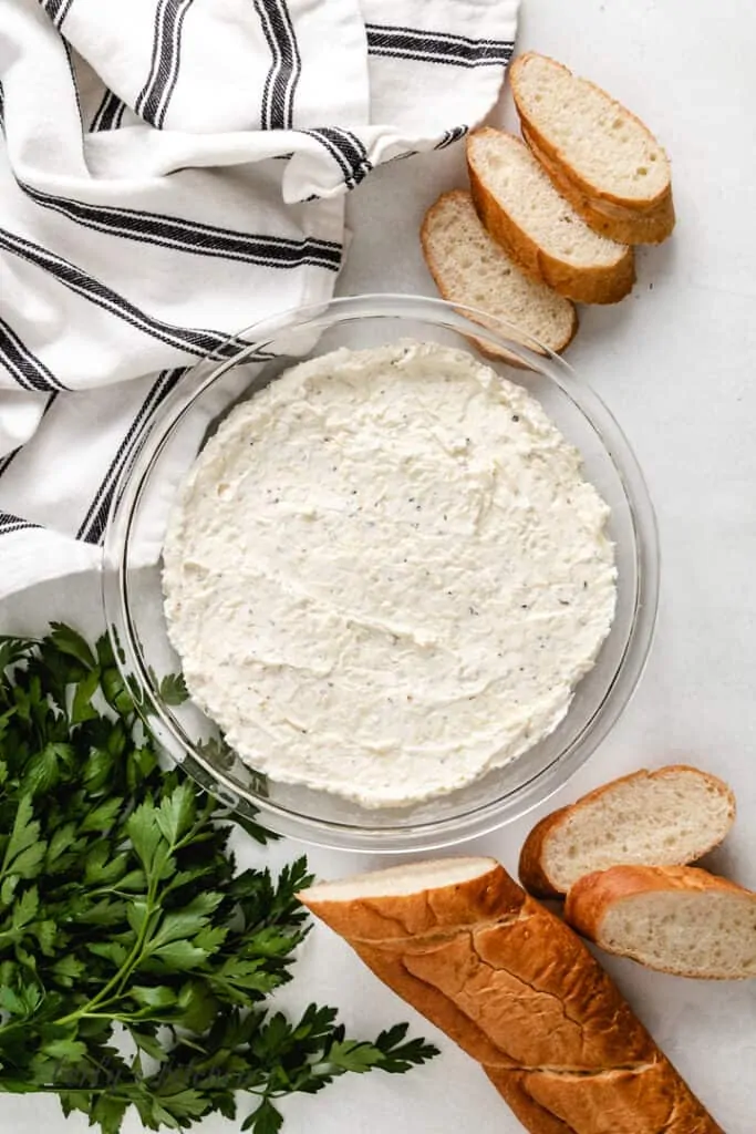 The dip mixture transferred to a pie dish.