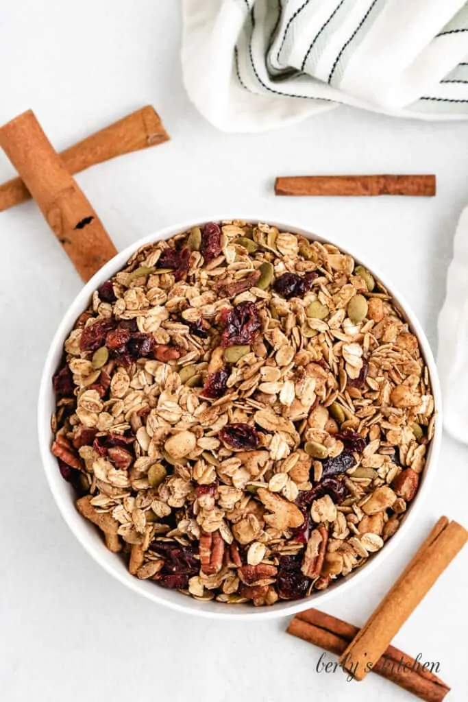 A top-down of the snack served in a large bowl.