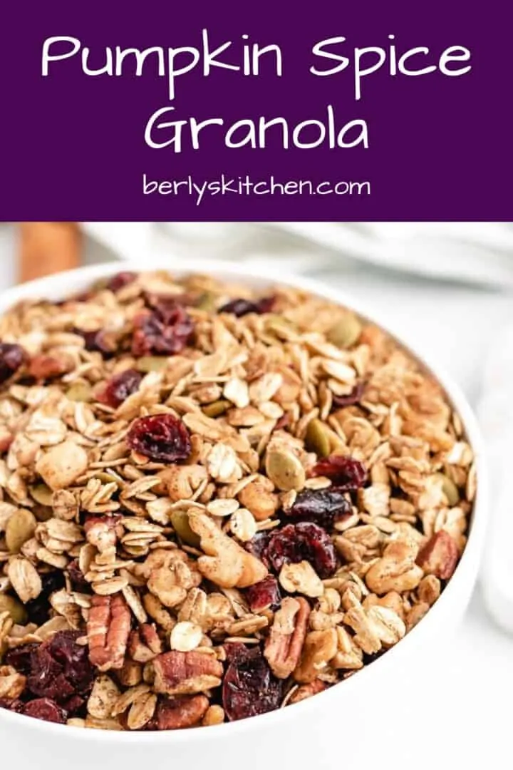 An up-close view of the toasted pumpkin granola in a bowl.