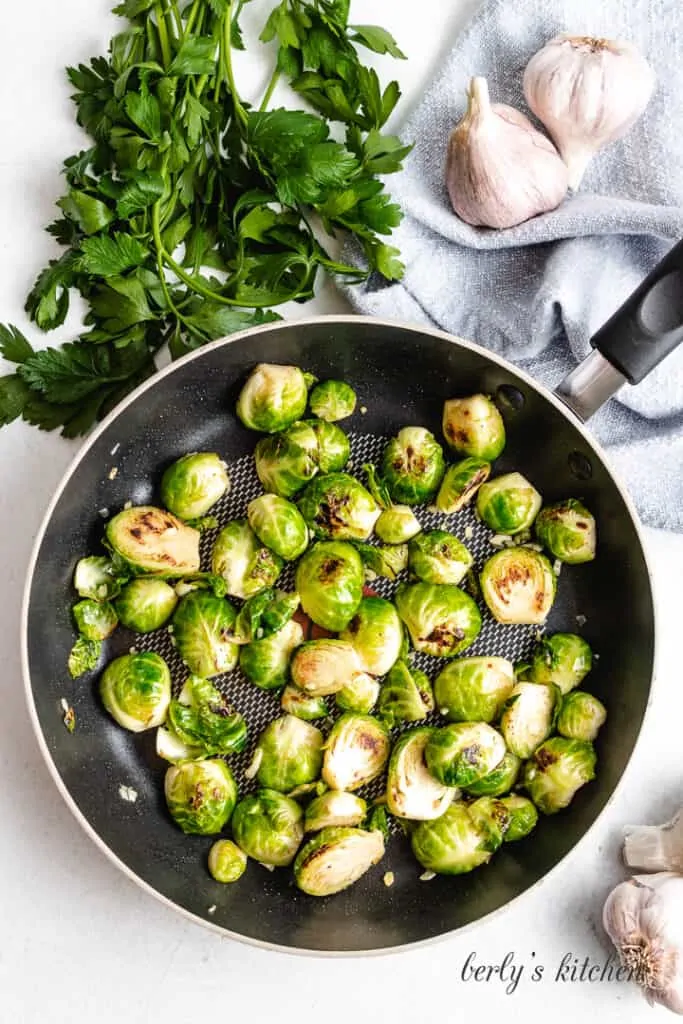 A top-down view of the sauteed brussels sprouts.