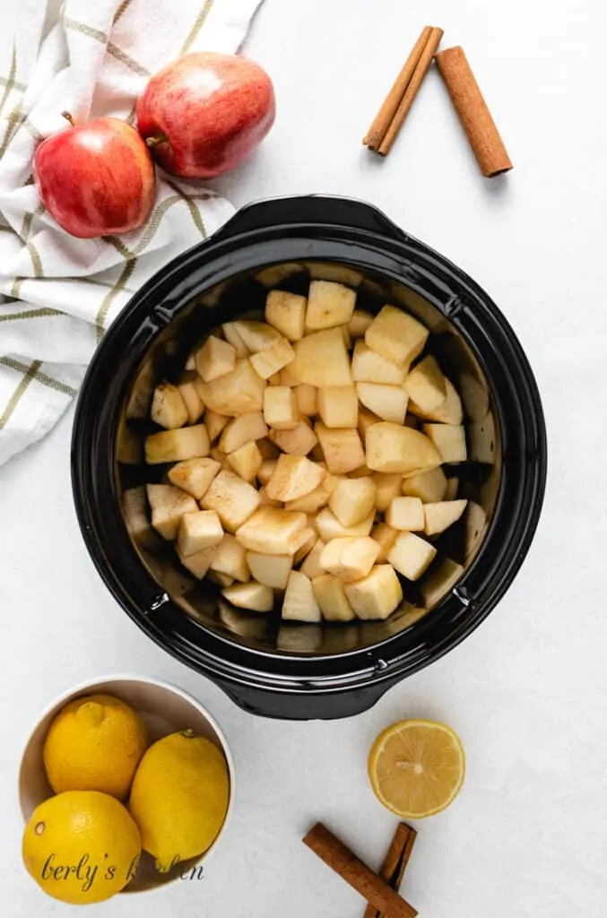 The fruit has been transferred to the slow cooker.