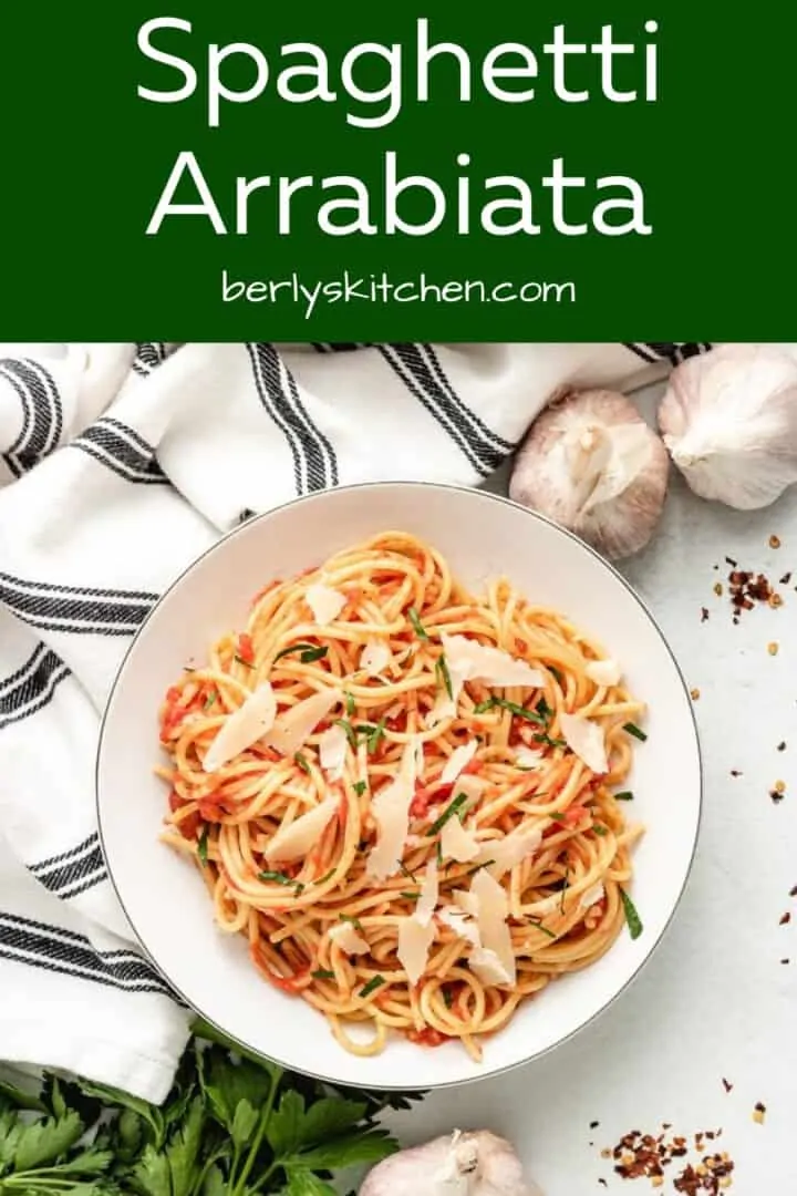 A top-down view of the spaghetti arrabiata in a bowl.