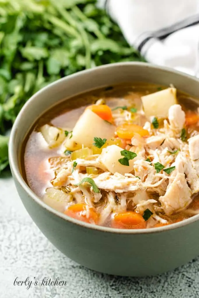 An up=close view of the finished soup in a bowl.