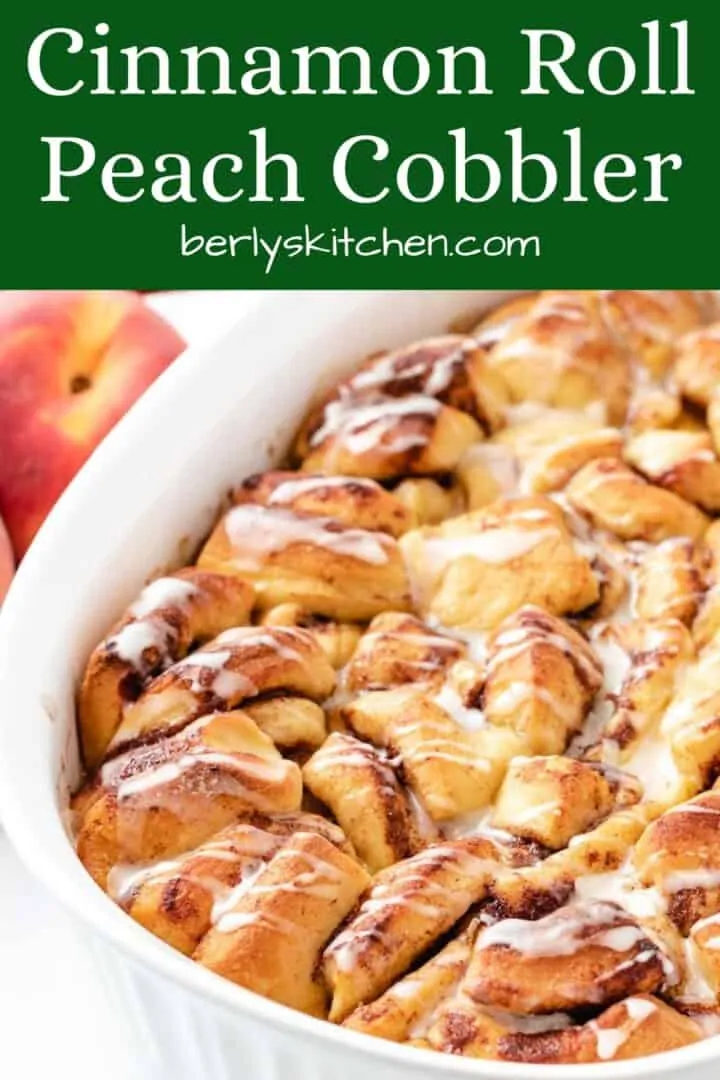 Cinnamon roll peach cobbler fresh from the oven.